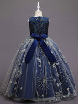 Navy Blue Jewel Neck Polyester Lace Polyester Tulle Sleeveless Ankle-Length A-Line Embroidered Kids Party Dresses-Dbrbridal