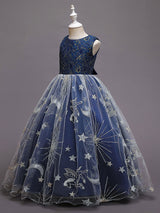 Navy Blue Jewel Neck Polyester Lace Polyester Tulle Sleeveless Ankle-Length A-Line Embroidered Kids Party Dresses-Dbrbridal