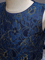 Navy Blue Jewel Neck Polyester Lace Polyester Tulle Sleeveless Ankle-Length A-Line Embroidered Kids Party Dresses-Dbrbridal