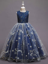 Navy Blue Jewel Neck Polyester Lace Polyester Tulle Sleeveless Ankle-Length A-Line Embroidered Kids Party Dresses-Dbrbridal