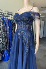 Navy Blue Spaghetti-Straps Off-The-Shoulder Sweetheart A-Line Prom Dress Featuring Appliques-Dbrbridal