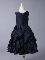 Navy Blue Taffeta flower girl dress With Ruffle Skirt-Dbrbridal