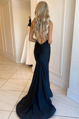 Navy Halter Sleeveless Mermaid Prom Dress With Open Back-Dbrbridal