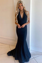Navy Halter Sleeveless Mermaid Prom Dress With Open Back-Dbrbridal