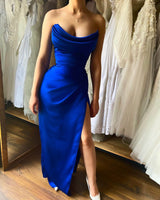 New Arrival Ankle Length Strapless Charming Evening Party Gowns Long Slit Online-Dbrbridal