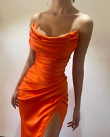 New Arrival Ankle Length Strapless Charming Evening Party Gowns Long Slit Online-Dbrbridal