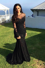 New Arrival Black Long Sleevess Lace Mermaid Prom Dress Sequins Long-Dbrbridal