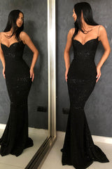 New Arrival Black Spaghetti-Strapss Mermaid Prom Dress Sequins Long-Dbrbridal