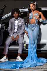 New Arrival Blue Appliques Mermaid Crystal Prom Dress-Dbrbridal