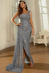New Arrival Gray One Shoulder Sequins Evening Dress Long Mermaid With Ruffle-Dbrbridal