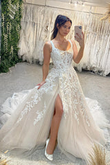 New Arrival Long Sleeveless Lace Bridal Gown Long Slit Online-Dbrbridal