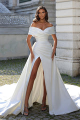 New Arrival Long White Off-the-Shoulder Front Split Long Bridal Gown With Detachable Train-Dbrbridal