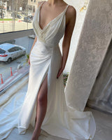 New Arrival Long White V-neck Pearls Sleeveless Evening Party Gowns Long Slit Online-Dbrbridal