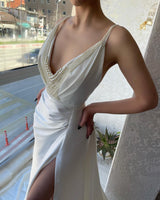 New Arrival Long White V-neck Pearls Sleeveless Evening Party Gowns Long Slit Online-Dbrbridal