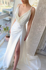 New Arrival Long White V-neck Pearls Sleeveless Evening Party Gowns Long Slit Online-Dbrbridal