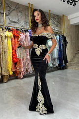 New Arrival Off-the-Shoulder Mermaid Black Evening Party Gowns with Appliques-Dbrbridal