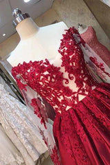 New Arrival Red Prom Dresses Off-the-Shoulder Lace Appliques Long Sleeves Puffy Evening Gowns-Dbrbridal