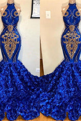 New Arrival Royal Blue Halter Mermaid Prom Dresses Glamorous Sleeveless Flowers Long Evening Gowns-Dbrbridal