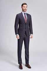 New Arrival Stripes Dark Navy Mens Suits Peak Lapel Three Flap Pockets Suits for Men-Dbrbridal