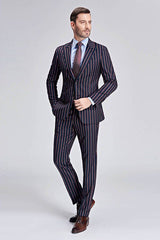 New Arrival Stripes Dark Navy Mens Suits Peak Lapel Three Flap Pockets Suits for Men-Dbrbridal