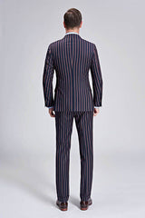 New Arrival Stripes Dark Navy Mens Suits Peak Lapel Three Flap Pockets Suits for Men-Dbrbridal