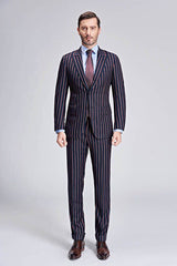 New Arrival Stripes Dark Navy Mens Suits Peak Lapel Three Flap Pockets Suits for Men-Dbrbridal