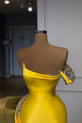 New Bright Yellow Mentallic Sequins Overskirt Prom Dress One shoulder-Dbrbridal