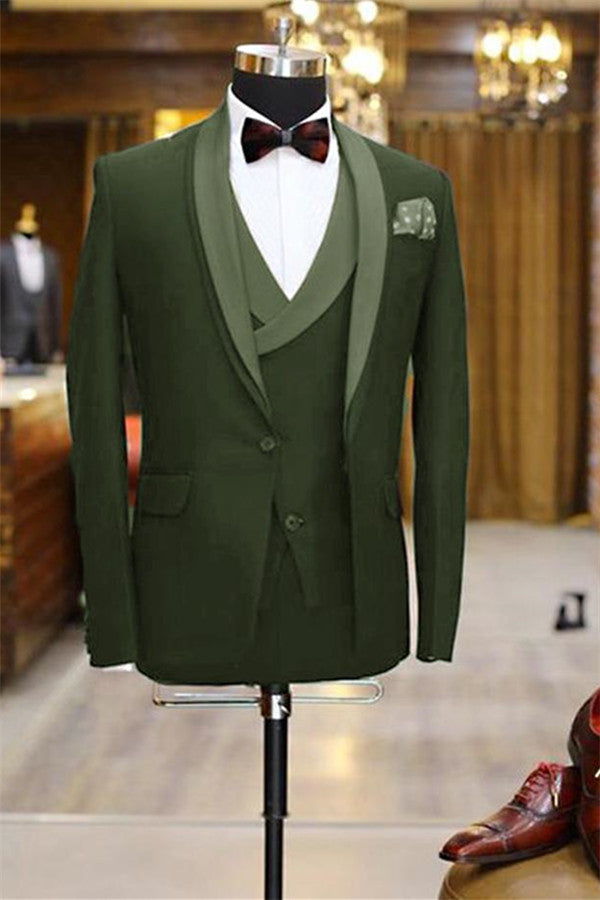 Newest Olive Green Shawl Lapel Tuxedo 3 Pieces Men Prom Dress Suits Tuxedos  – Dbrbridal