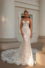 Noble sweetheart sleeveless mermaid lace Wedding Dresses-Dbrbridal