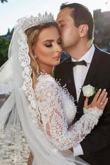 Noble vneck longsleeves mermaid lace Wedding Dresses-Dbrbridal