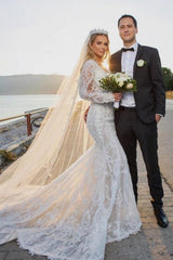 Noble vneck longsleeves mermaid lace Wedding Dresses-Dbrbridal