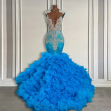 Ocean Blue Mermaid Tulle Ruffle Prom Dress Long With Beadings-Dbrbridal