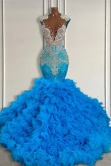 Ocean Blue Mermaid Tulle Ruffle Prom Dress Long With Beadings-Dbrbridal