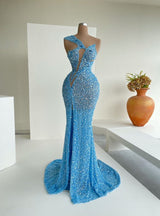 Ocean Blue Sequins One-Shoulder Mermaid Long Prom Dress With Split-Dbrbridal