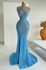 Ocean Blue Sequins One-Shoulder Mermaid Long Prom Dress With Split-Dbrbridal