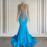 Ocean blue sleeveless mermaid prom dress with long beadings-Dbrbridal