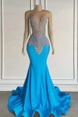 Ocean blue sleeveless mermaid prom dress with long beadings-Dbrbridal