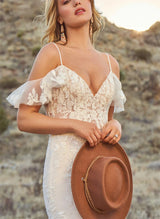 Off-Shoulder Lace Mermaid Fitted Wedding Dresses Open Back Sweep Train-Dbrbridal