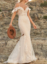 Off-Shoulder Lace Mermaid Fitted Wedding Dresses Open Back Sweep Train-Dbrbridal