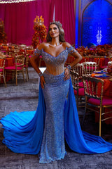 Off-Shoulder Royal Blue Mermaid Prom Dress with Overskirt Sequins and Beads-Dbrbridal