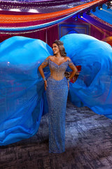 Off-Shoulder Royal Blue Mermaid Prom Dress with Overskirt Sequins and Beads-Dbrbridal