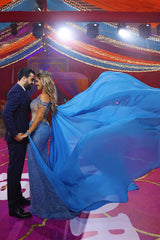 Off-Shoulder Royal Blue Mermaid Prom Dress with Overskirt Sequins and Beads-Dbrbridal