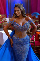 Off-Shoulder Royal Blue Mermaid Prom Dress with Overskirt Sequins and Beads-Dbrbridal