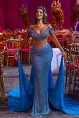 Off-Shoulder Royal Blue Mermaid Prom Dress with Overskirt Sequins and Beads-Dbrbridal