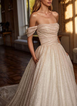 Off-Shoulder Sequined Court Train Wedding Dress-Dbrbridal
