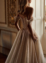 Off-Shoulder Sequined Court Train Wedding Dress-Dbrbridal