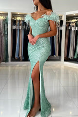 Off-shoulder Sleeveless Mermaid Evening Prom Dresses Sequins Split Feathers-Dbrbridal