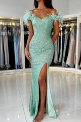 Off-shoulder Sleeveless Mermaid Evening Prom Dresses Sequins Split Feathers-Dbrbridal