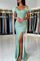 Off-shoulder Sleeveless Mermaid Evening Prom Dresses Sequins Split Feathers-Dbrbridal