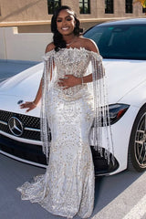 Sparkle Silver Off-the-shoulder Mermaid Court Train Tassels Wedding Dresses